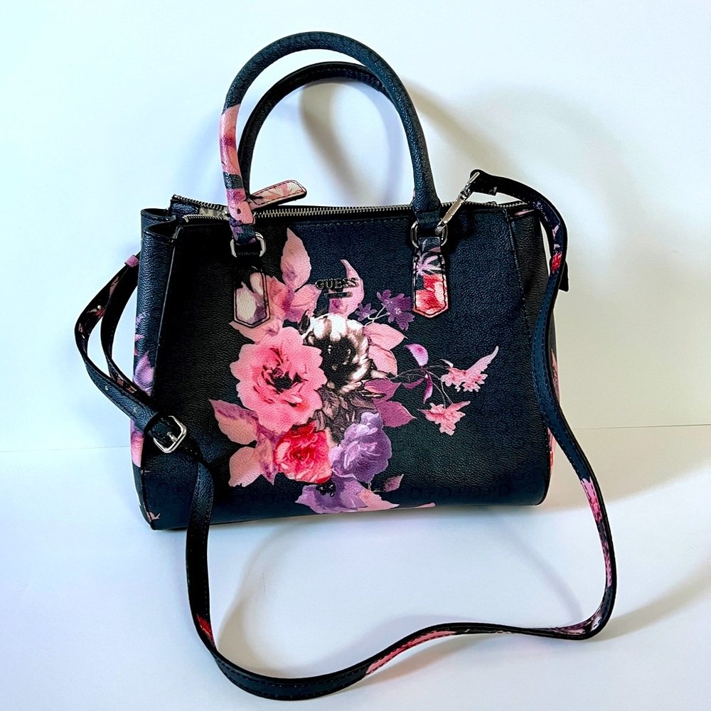 GUESS Black Pink Purple Floral Spring Flower ASHVILLE Purse Bag Sachel Crossbody